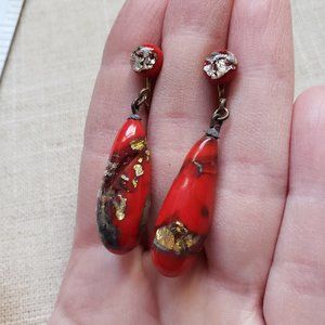 Vintage Red Glass Drop Earrings Japan Screw Backs